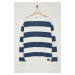 Trendyol Indigo-Ecru Oversize/Wide Cut Crew Neck Striped Polar Fleece Inside Cotton Sweatshirt