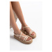 NİŞANTAŞI SHOES Maria Beige Matte Wicker Wedge Sole Double Strap Belt Detail Women's Sandals