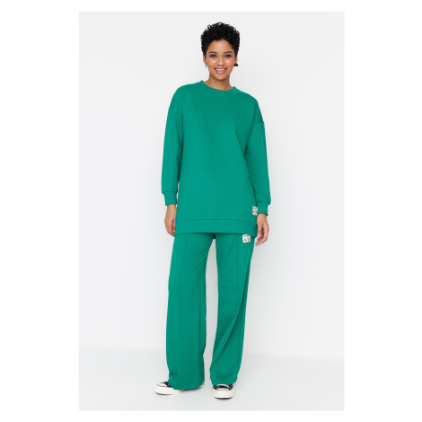 Trendyol Dark Green Crew Neck Knitted Tracksuit Set With Decorative Labels