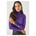 Olalook Women's Purple Shoulder Cuff Gold Buttoned Ribbed Turtleneck Knitwear Blouse
