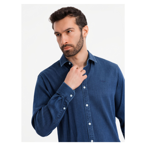 Ombre Men's denim shirt with lyocell and embroidery on chest - dark blue