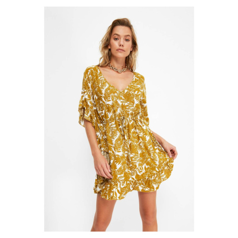 Trendyol Mustard Leaf Patterned Viscose Beach Dress