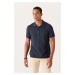 Avva Men's Navy Blue Polo Neck Textured Ribbed Regular Fit Knitwear T-shirt