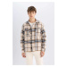 DEFACTO Men's Beige Relax Fit Casual Cut Polo Collar Plaid Lumberjack Flannel Long Sleeve Shirt