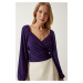 Happiness İstanbul Women's Purple Elastic Balloon Sleeve Sandy Knitted Blouse