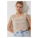 Happiness İstanbul Women's Beige Openwork Summer Crop Knitwear Blouse