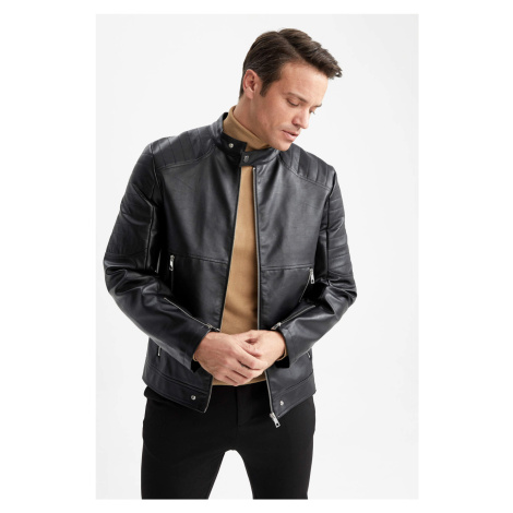 DEFACTO Slim Fit Standing Collar Faux Leather Coat