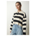 Happiness İstanbul Women's Cream Black Stylish Buttoned Collar Striped Crop Knitwear Sweater