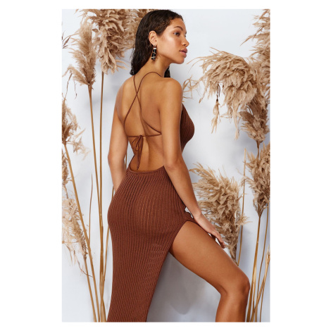 Trendyol Brown Fitted Maxi Knitwear Backless Beach Dress