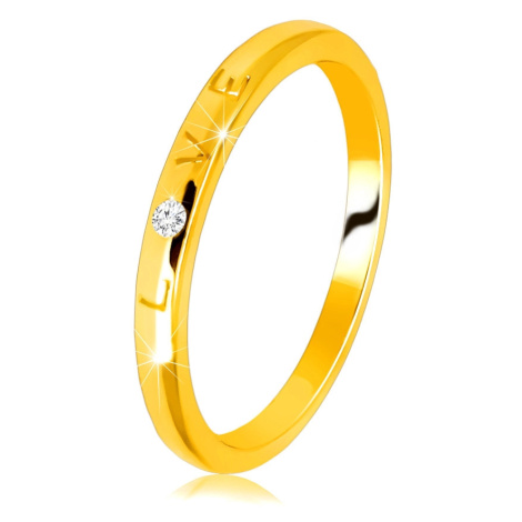 Diamantová obrúčka v žltom 14K zlate - nápis "LOVE" s briliantom, hladký povrch, 1,5 mm - Veľkos