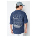 Trendyol Indigo Oversize/Wide Cut Faded Effect Text Printed 100% T-Shirt