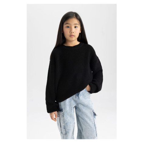 DEFACTO Girl Black Standard Fit Crew Neck Basic Plain Knitwear Sweater