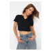 Trendyol Black 100% Cotton V-Neck Detailed Fitted Crop Flexible Knitted T-Shirt