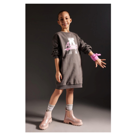 DEFACTO Girl's Crew Neck Printed Long Sleeve Sweat Dress