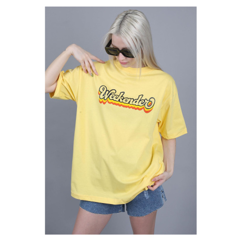 Madmext Yellow Printed Oversized Round Neck Women's T-Shirt