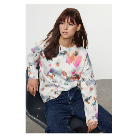 Trendyol Ecru Soft Texture Floral Printed Knitwear Sweater