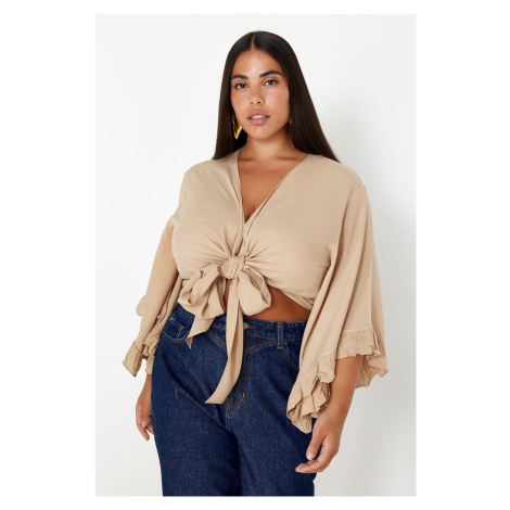 Trendyol Curve Mink Crop Sleeve Ruffle Flounce Double Breasted Collar Beach Wear Blouse