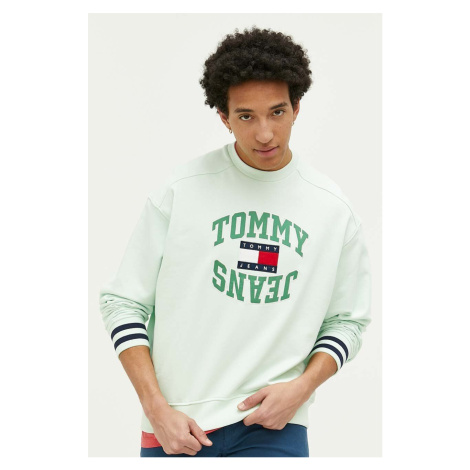 Bavlnená mikina Tommy Jeans pánska, zelená farba, s nášivkou Tommy Hilfiger