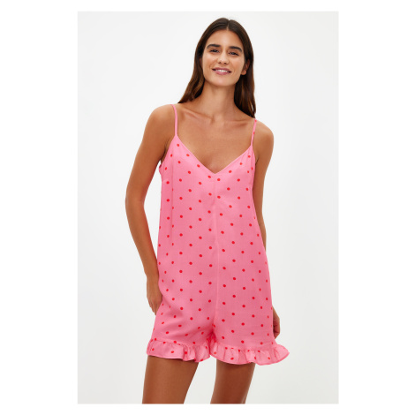 Trendyol Pink Polka Dot Frilly Rope Strap Viscose Woven Jumpsuit