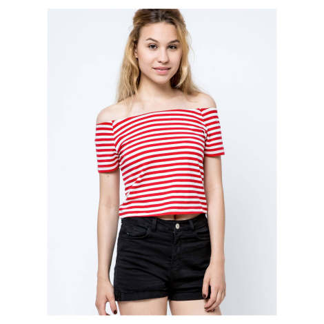 Short blouse with carmen neckline white with red stripes
