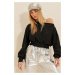 Trend Alaçatı Stili Women's Black Boat Neck Self-Textured Crop Sweatshirt