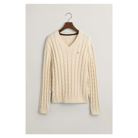SVETER GANT SHIELD RELAXED CABLE V-NECK EGGSHELL