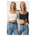 Happiness İstanbul Women's Black and White Boat Collar 2-Pack Crop Top