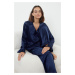 Trendyol Navy Blue Ruffle Detailed Satin Woven Pajama Set