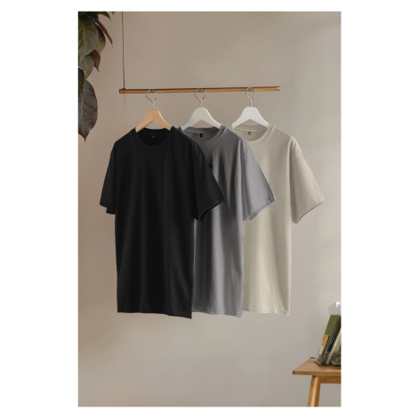 Trendyol Black-Stone-Anthracite Large Size 3-Pack Regular Cut 100% Cotton T-Shirt