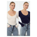 Trendyol Navy Blue-Stone 2 Pack V-Neck Fitted Cotton Stretchy Knitted Blouse