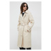Bavlnený kabát Calvin Klein béžová farba, prechodný, dvojradový