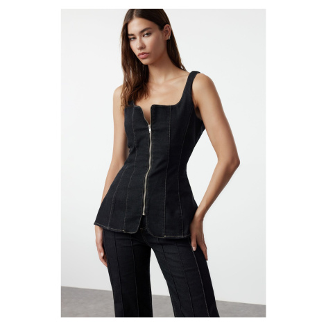 Trendyol Black Stitch Detail Zippered Square Neck Denim Blouse