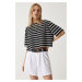 Happiness İstanbul Women's Black and White Striped Oversize Crop Knitted T-Shirt