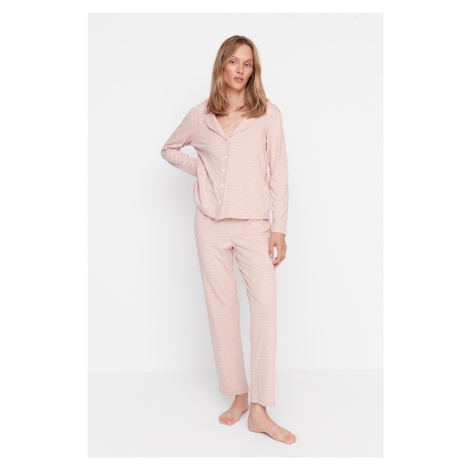 Trendyol práškový 100% bavlnený tlačený košeľa-nohavice pletený pyžamový set