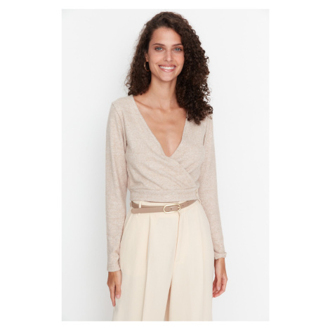 Trendyol Beige Melange Knitted Blouse with Double Breasted Collar, Soft