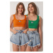 Happiness İstanbul Women's Orange Green 2-pack Panda Embroidery Knitted Crop Top