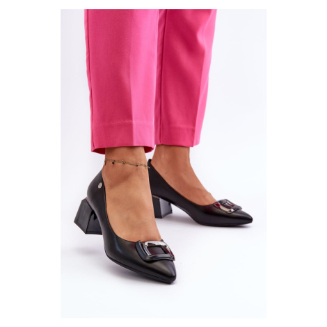 Block heels with embellishments, Eco leather, Black Sarala