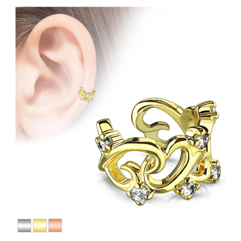 Nepravý piercing do ucha - navzájom prepletené kontúry sŕdc so zirkónmi - Farba piercing: Zlatá