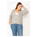 Şans Women's Plus Size Gray V-Neck Knitwear Cardigan with Buttons