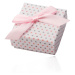 Biela darčeková krabička na prstene alebo náušnice, ružové a sivé bodky, mašlička