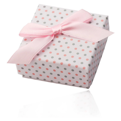 Biela darčeková krabička na prstene alebo náušnice, ružové a sivé bodky, mašlička
