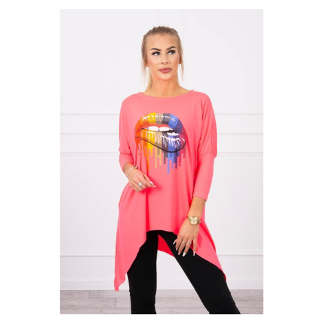 Oversize blouse with iridescent pink neon lip print