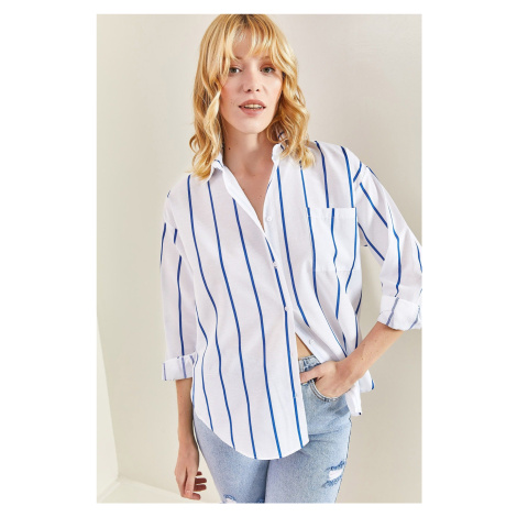 Bianco Lucci Women's Single Pocket Striped Oversize Shirt