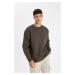 DEFACTO Brown Oversize Fit Wide Mold Crew Neck Thick Fabric Basic Plain Sweatshirt