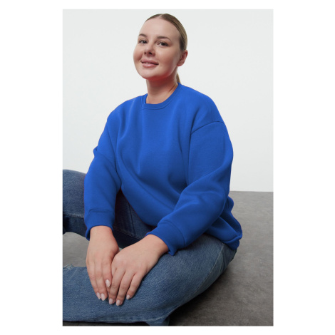 Trendyol Curve Blue Oversize/Relaxed Fit Basic Crew Neck Thick/Polar Inside Knitted Sweatshirt