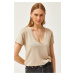 Olalook Women's Beige Deep V-Neck Modal Button T-Shirt