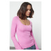 Trendyol Pink Fitted/Fits the Body Seam Detailed Pool Neck Flexible Knitted Blouse