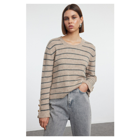 Trendyol Beige Soft Texture Basic Striped Knitwear Sweater