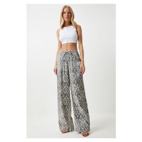 Happiness İstanbul Women's Gray Cream Leopard Patterned Palazzo Trousers