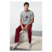 Trendyol Men's Gray - Claret Red Regular Fit Embroidered Knitted 3-Piece Pajama Set